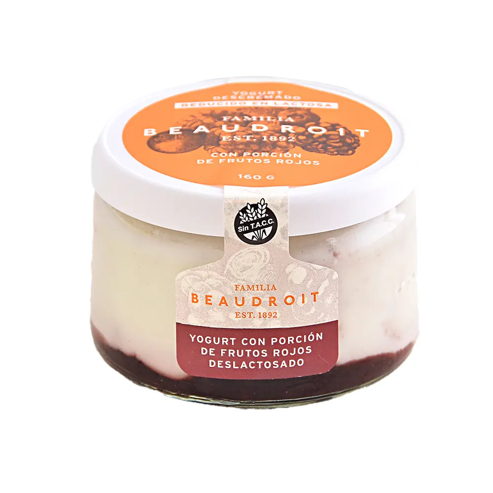 Yogur deslactosado Frutos Rojos Sin Azúcar - 160 gr / Pack x 6 unidades.